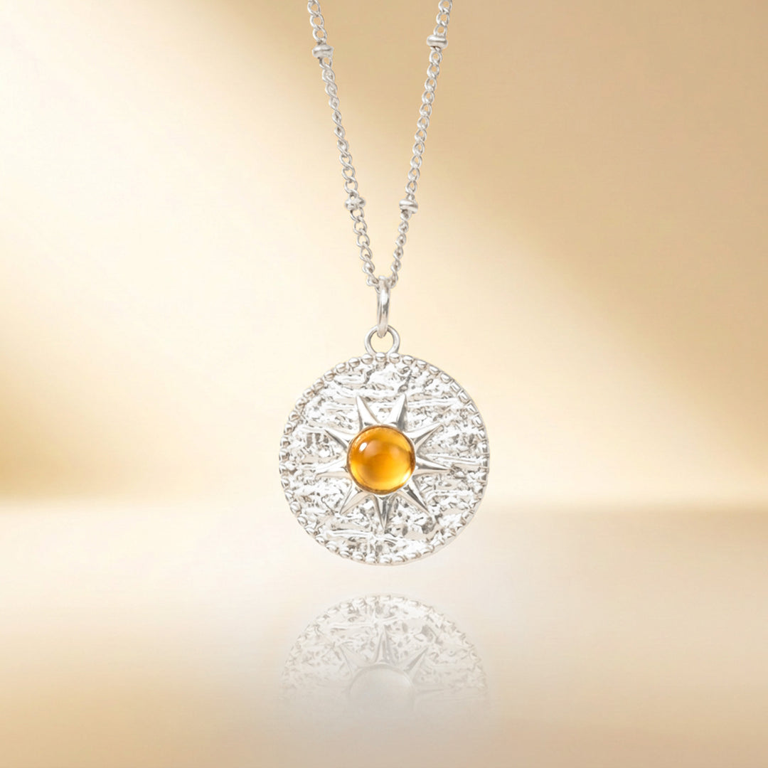 Silver citrine sun necklace — real natural citrine, handmade UK