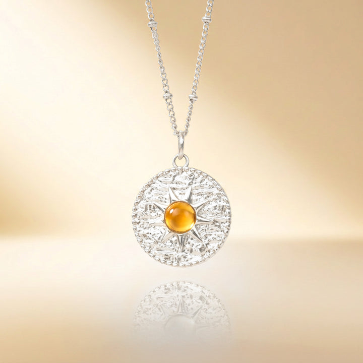 Silver citrine sun necklace — real natural citrine, handmade UK