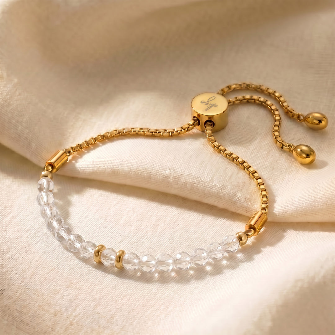 Gold April birthstone clear quartz bracelet with 4mm genuine clear quartz beads on adjustable slider chain