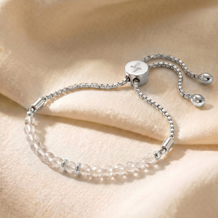 Silver April birthstone clear quartz bracelet with adjustable slider chain