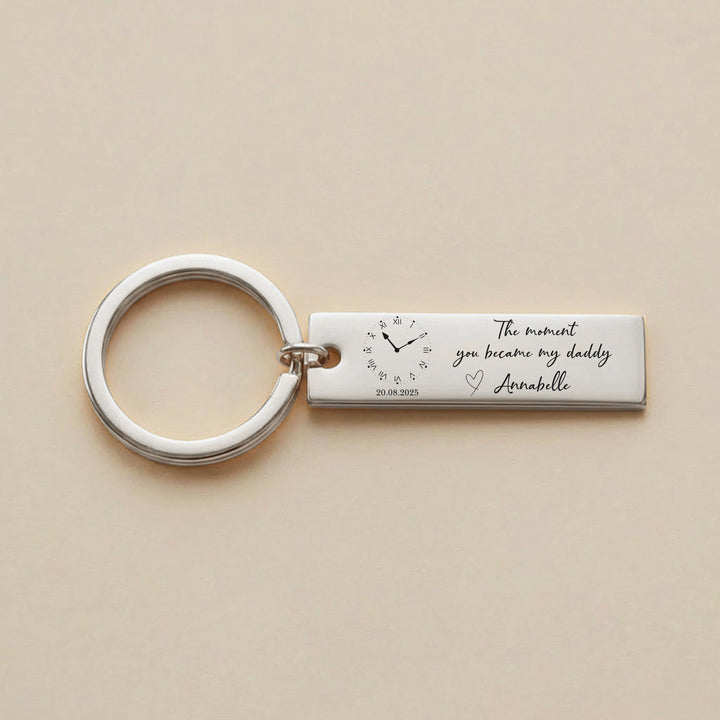 Silver personalised daddy keyring showing birth clock time name and date