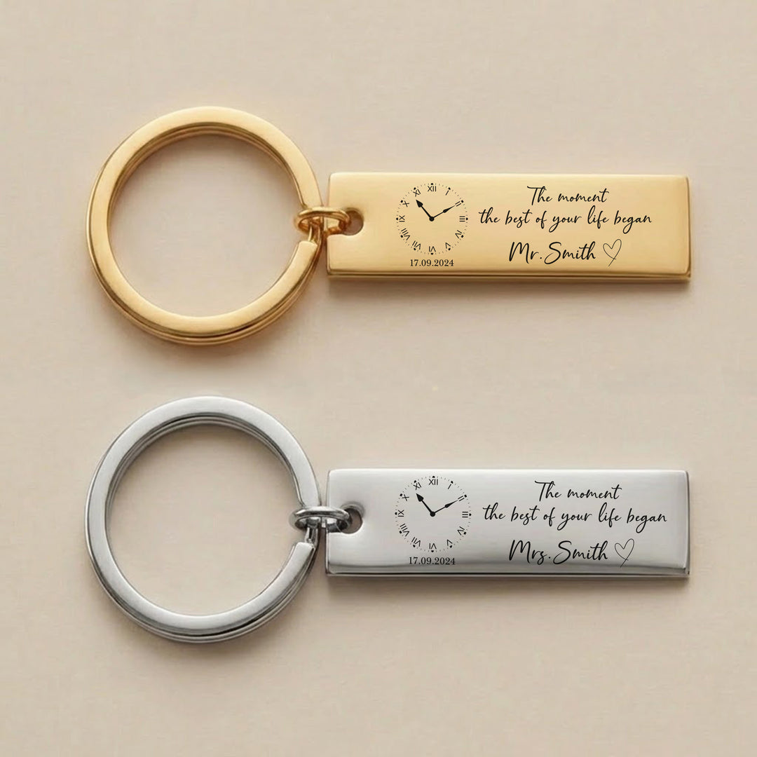 Gold and silver personalised wedding couple keyrings with clock face and engraved message