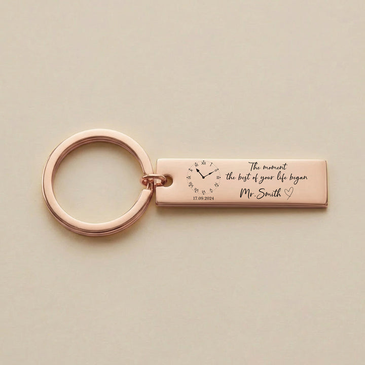Rose gold personalised couple keyring with wedding time and date engraving