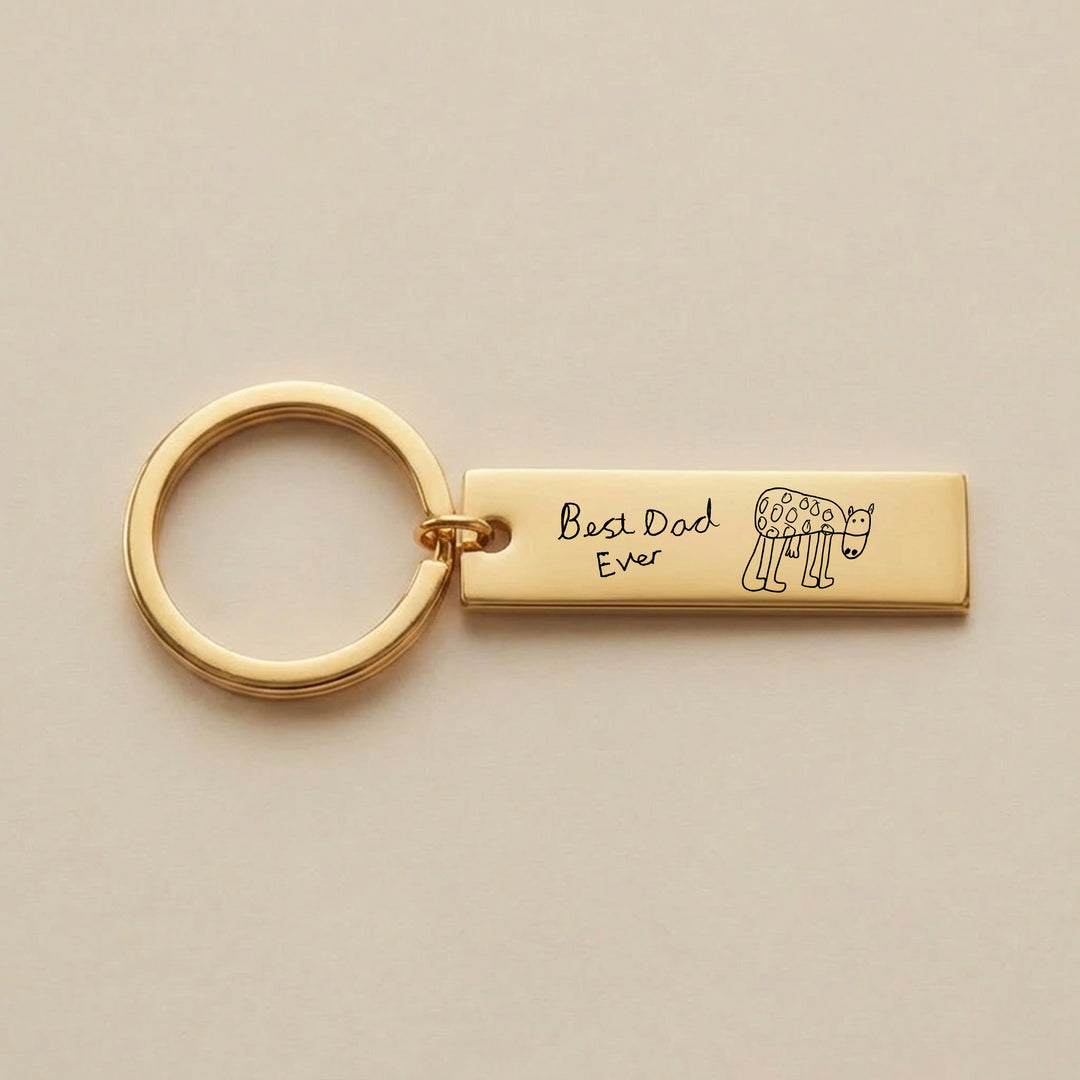 Gold bar daddy keyring engraved Best Dad Ever with child’s drawing
