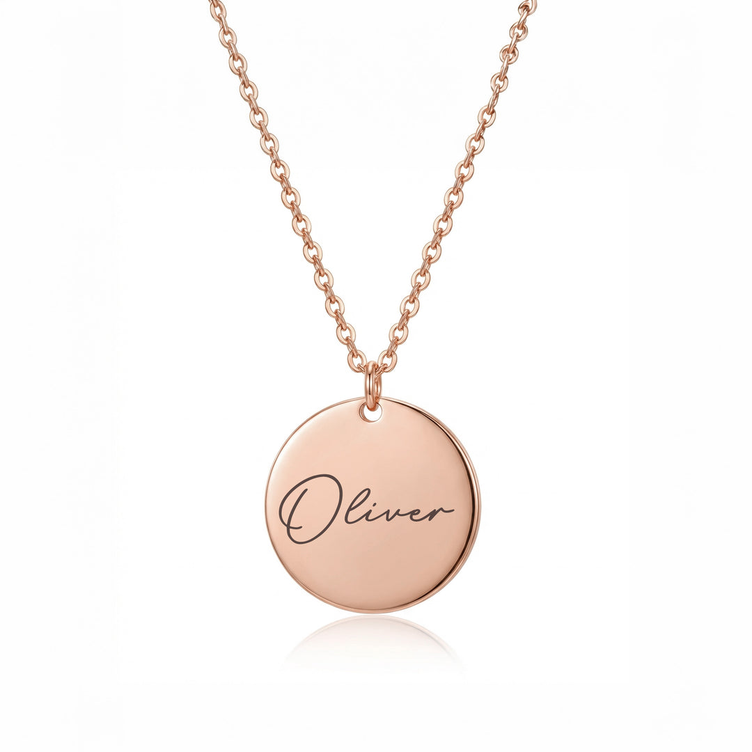 Rose gold personalised disc name necklace engraved with Oliver