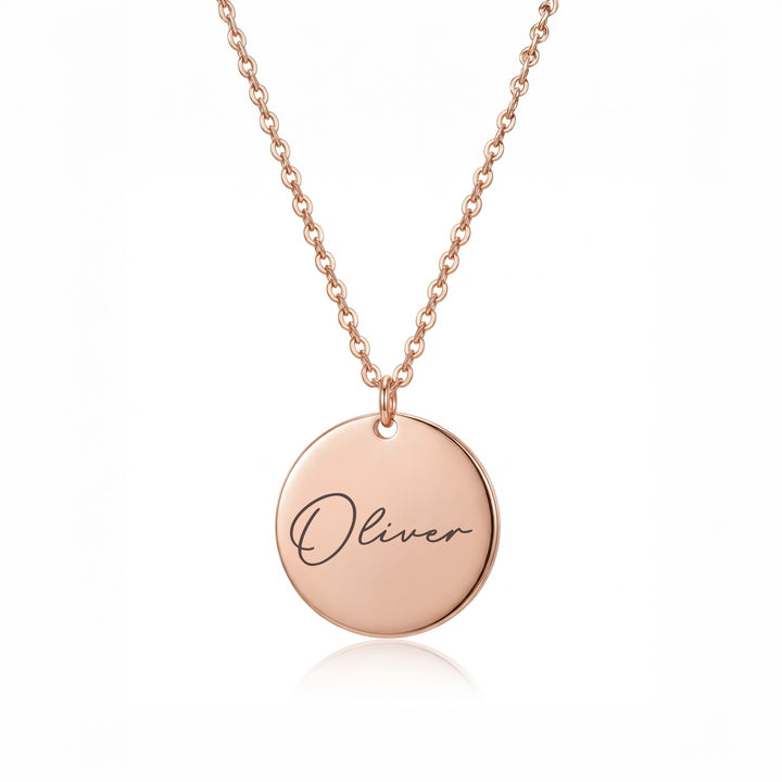 Rose gold personalised disc name necklace engraved with Oliver