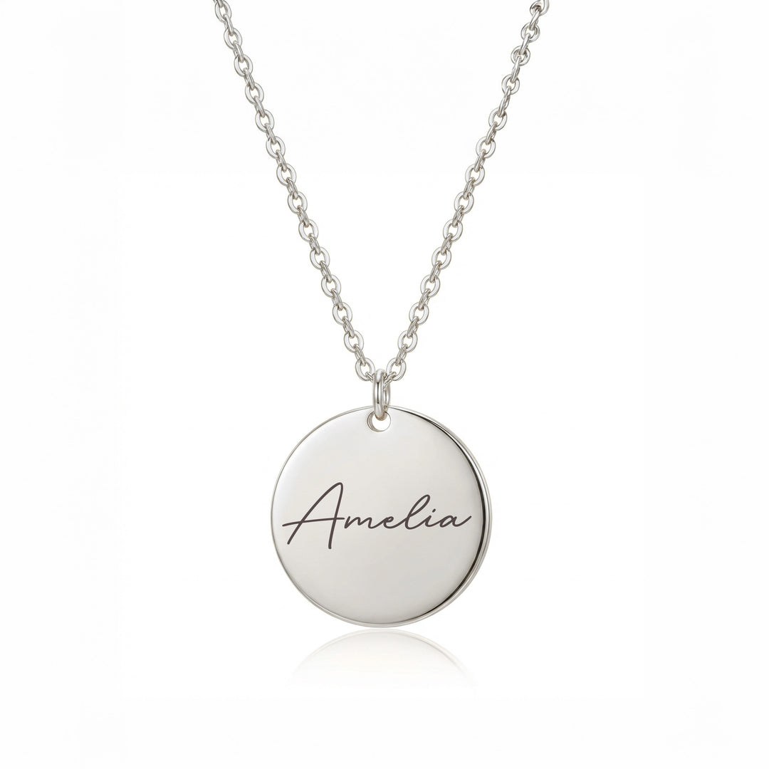 Silver personalised disc necklace engraved with Amelia