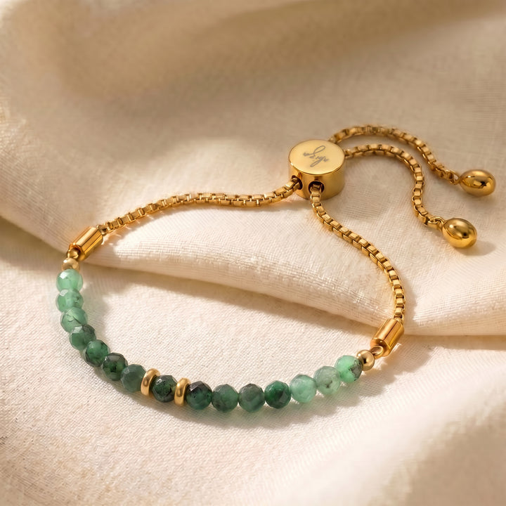 Gold May birthstone emerald bracelet with 4mm genuine emerald beads on adjustable slider chain