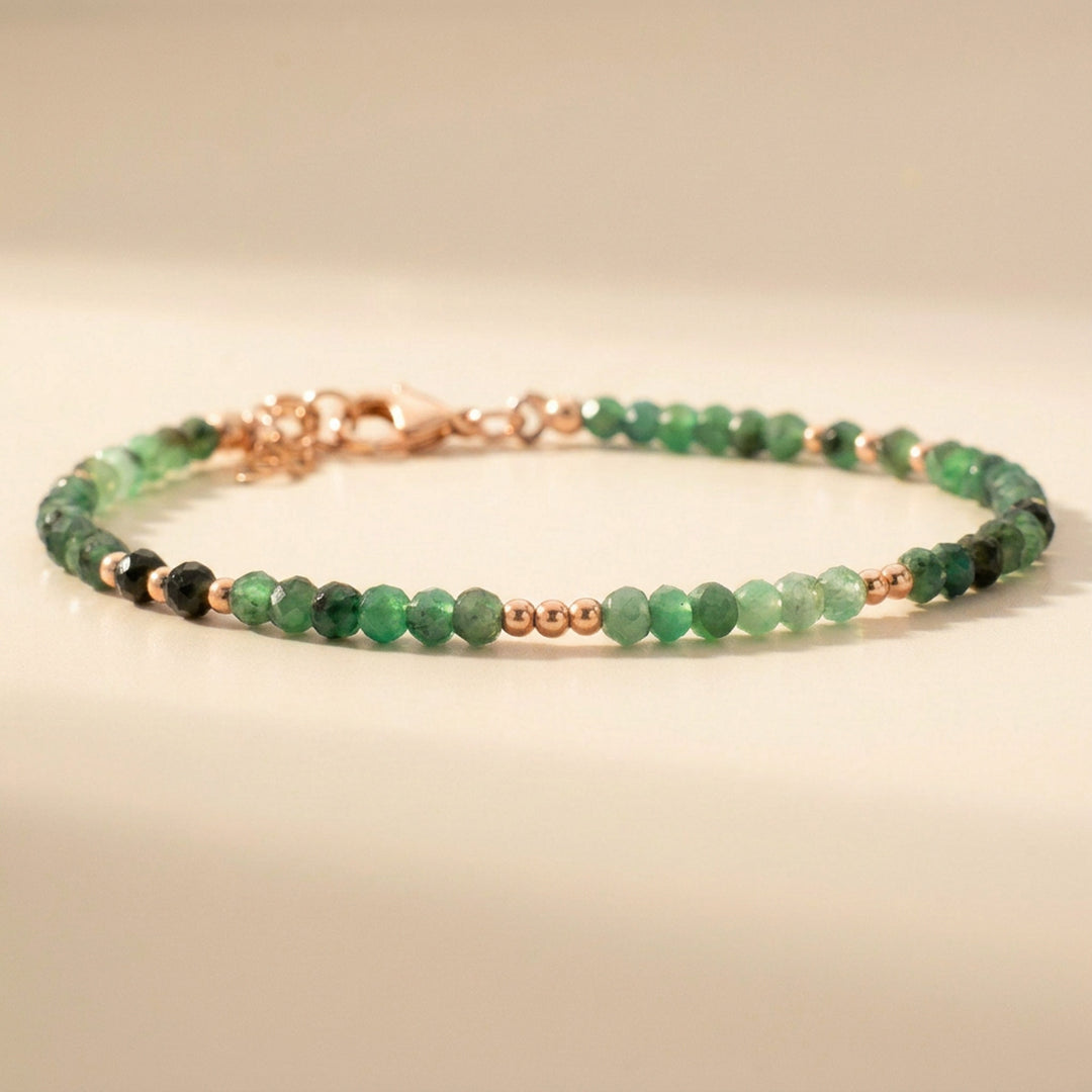 Real emerald skinny bracelet in 14k rose gold filled — May birthstone, handmade in the UK
