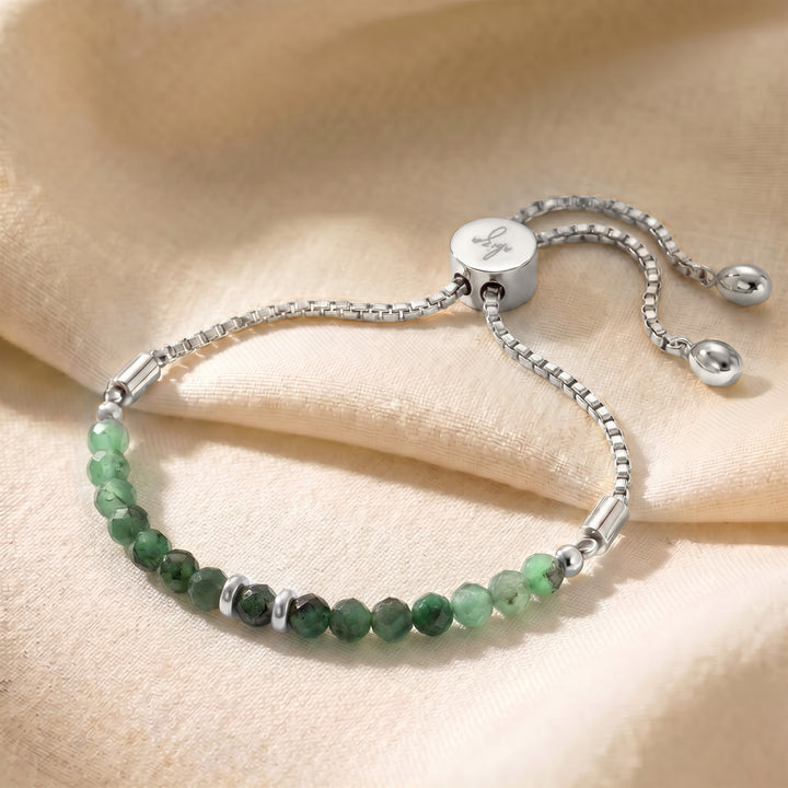 Silver May birthstone emerald bracelet with adjustable slider chain