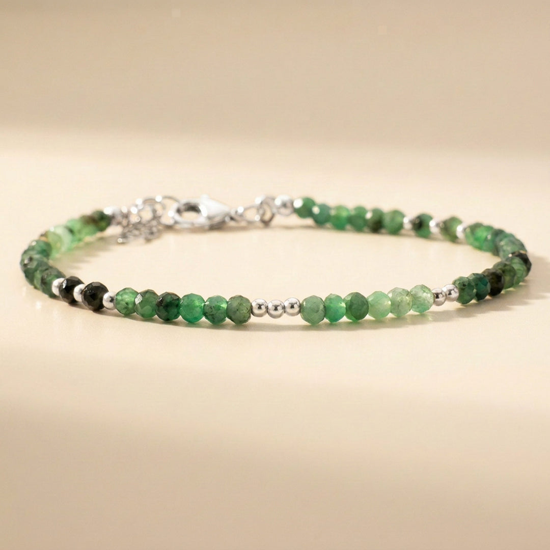 Real emerald skinny bracelet in 925 sterling silver — May birthstone, natural emerald beads, handmade UK