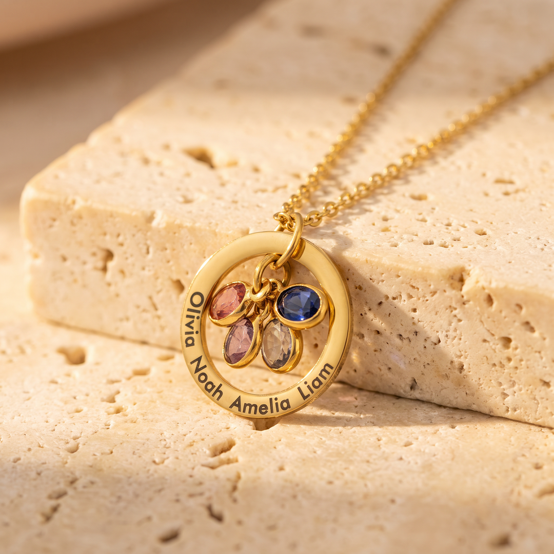 Family Birthstone Necklace with Names for Mum