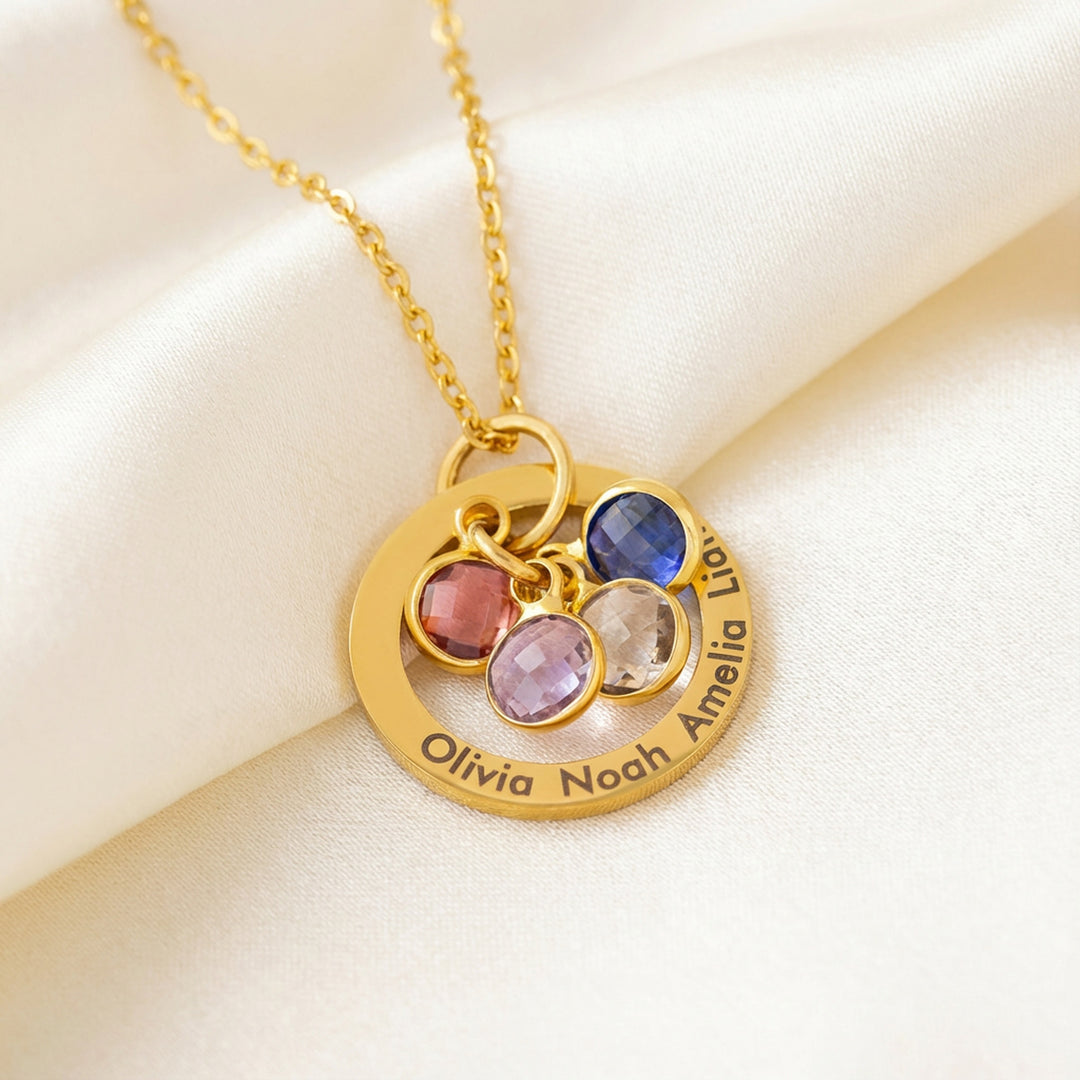 Family Birthstone Necklace with Names Gold 