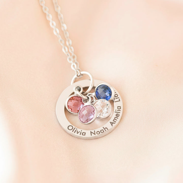 Family Birthstone Necklace with Names Silver