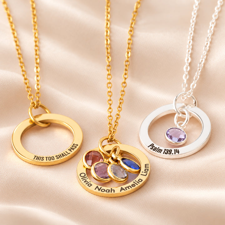 Family birthstone necklaces in gold and silver, engraved with names or a favourite quote