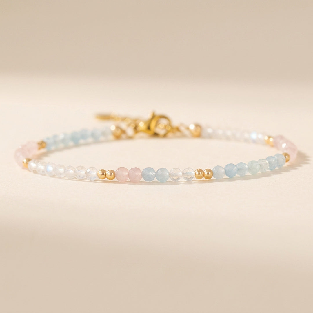 14K gold filled fertility bracelet with Rose Quartz, Aquamarine and Moonstone — handmade UK
