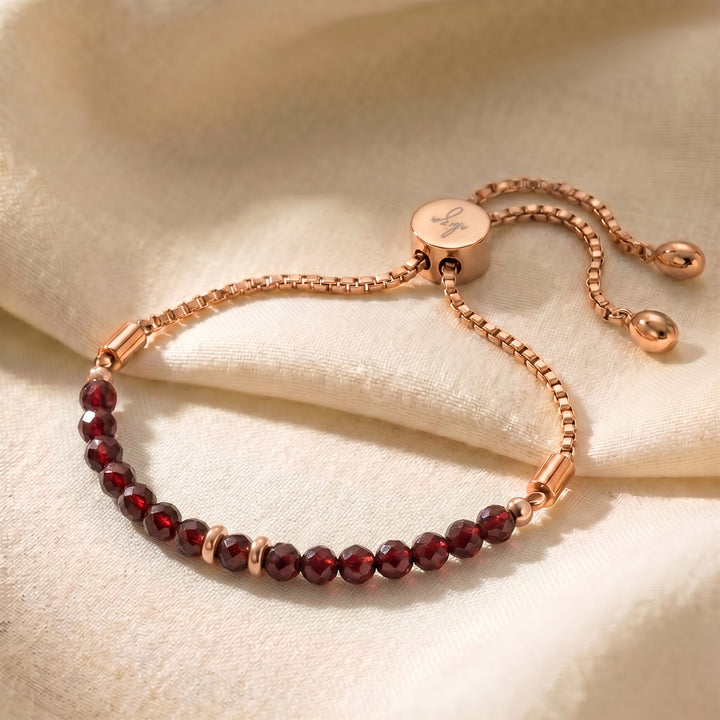 Rose gold January birthstone garnet bracelet with genuine garnet beads, adjustable slider chain