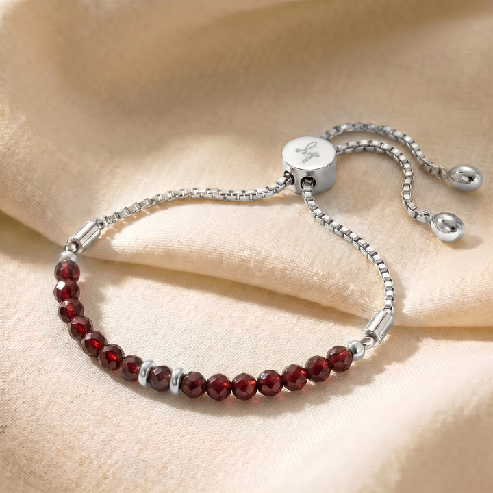 Silver January birthstone garnet bracelet with adjustable slider chain