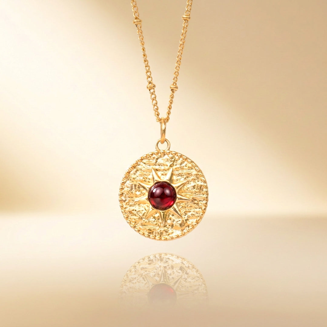 Gold garnet sun necklace — real Mozambique garnet, handmade UK