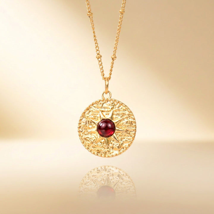 Gold garnet sun necklace — real Mozambique garnet, handmade UK