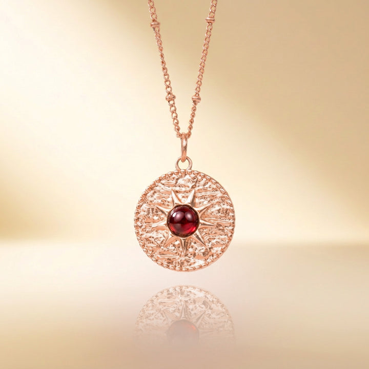 Rose gold garnet sun necklace — real Mozambique garnet, handmade UK