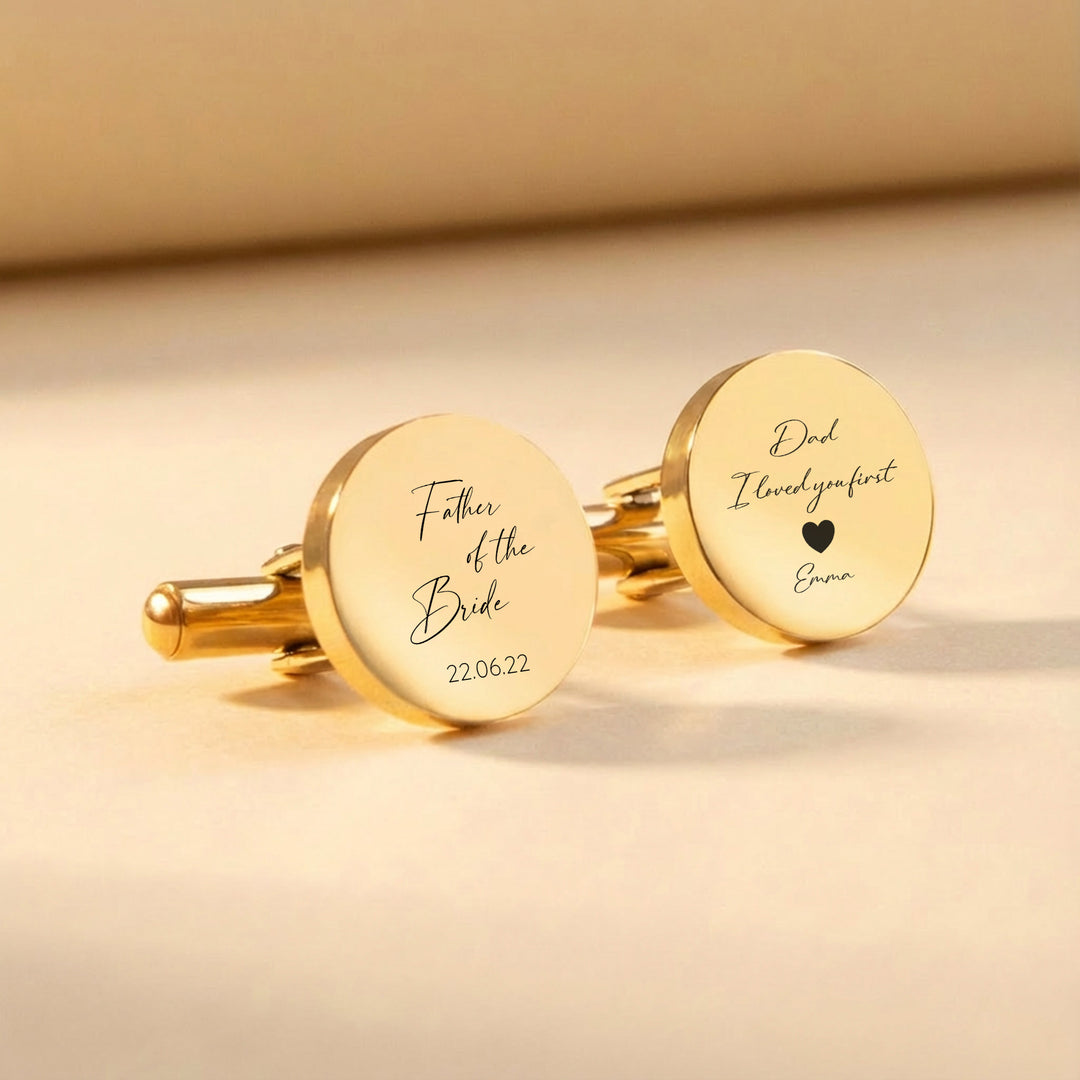 Gold Father of the Bride cufflinks personalised with wedding date and message