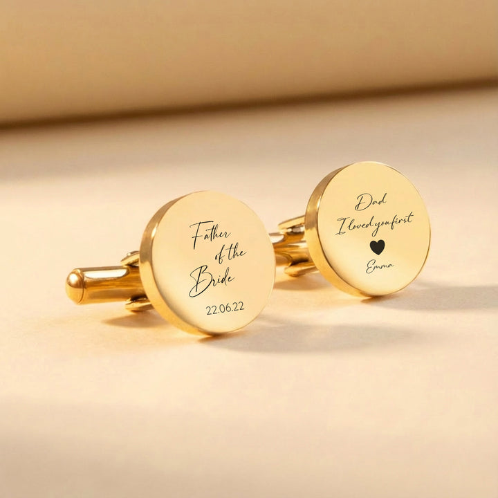 Gold Father of the Bride cufflinks personalised with wedding date and message