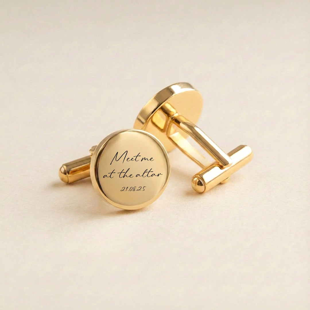 gold groom cufflinks engraved Meet me at the altar with wedding date