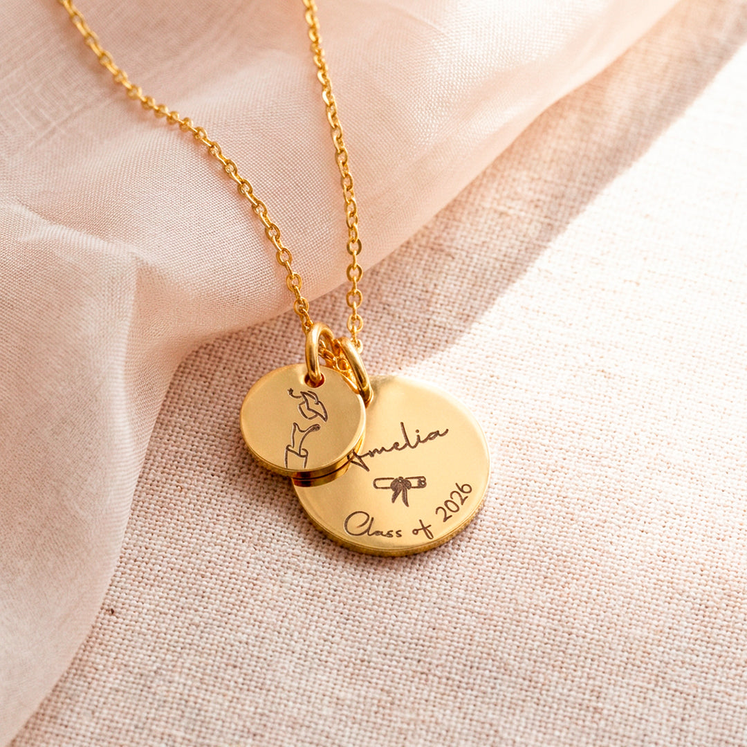 Engraved graduation necklace with name disc and year disc