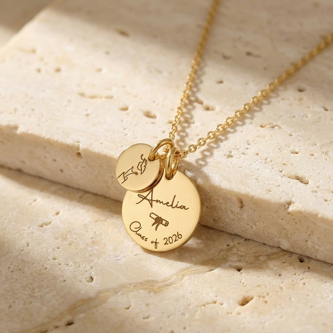 Personalised graduation necklace styled flat lay
