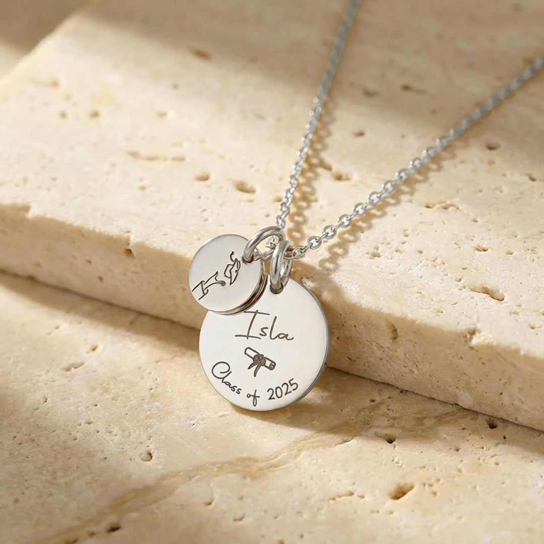 Silver personalised graduation necklace with two engraved discs