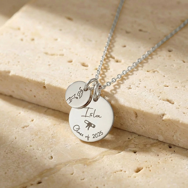 Silver personalised graduation necklace with two engraved discs