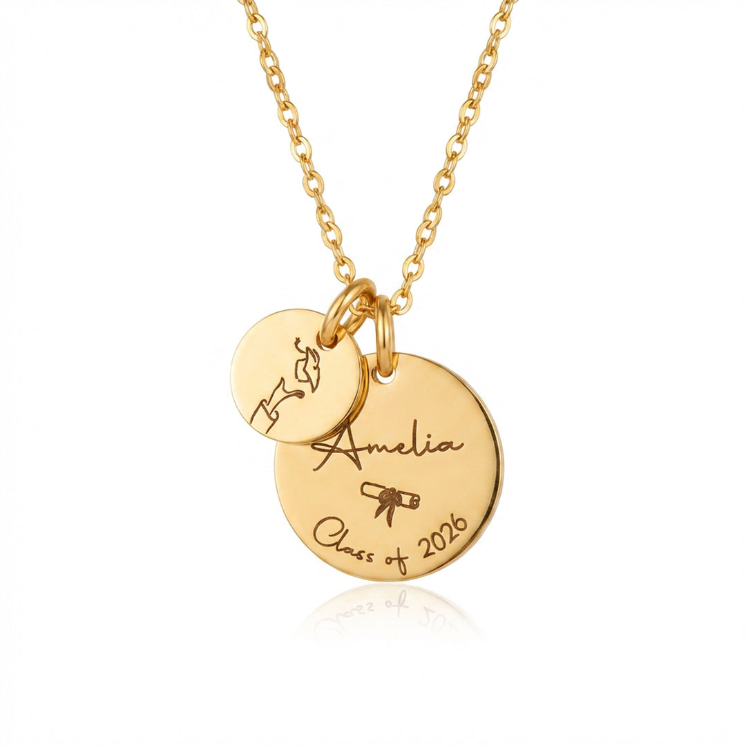 18K gold graduation necklace with reverse-side engraving — personalised keepsake gift