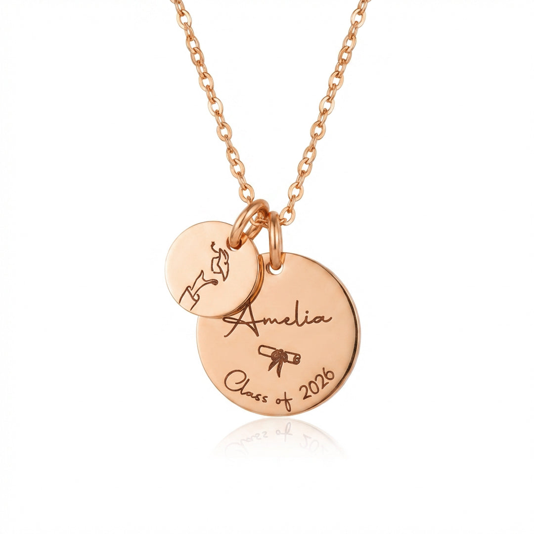 Rose gold personalised graduation necklace with two engraved discs