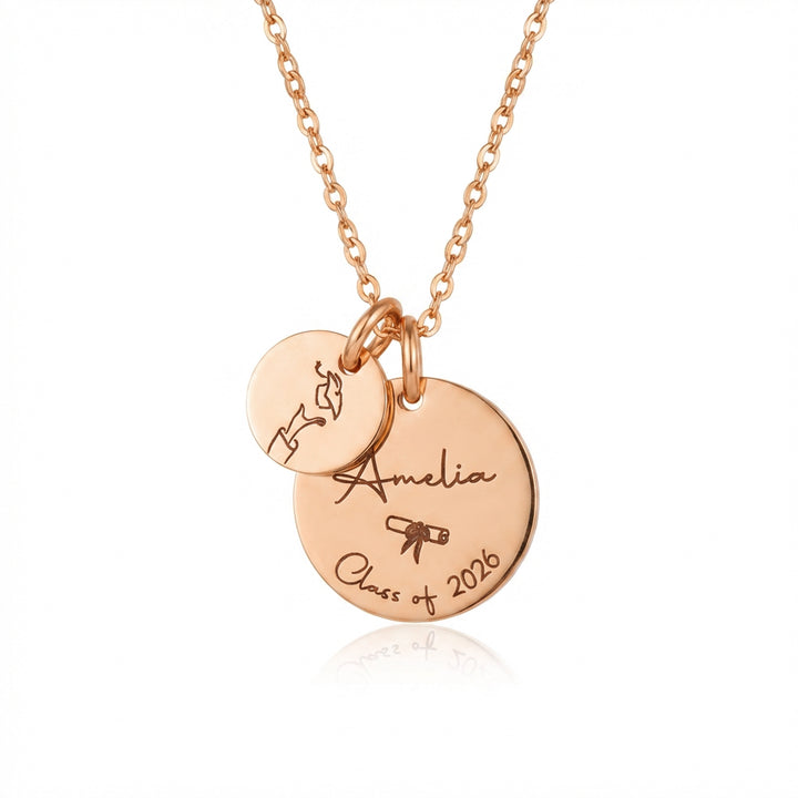 Rose gold personalised graduation necklace with two engraved discs