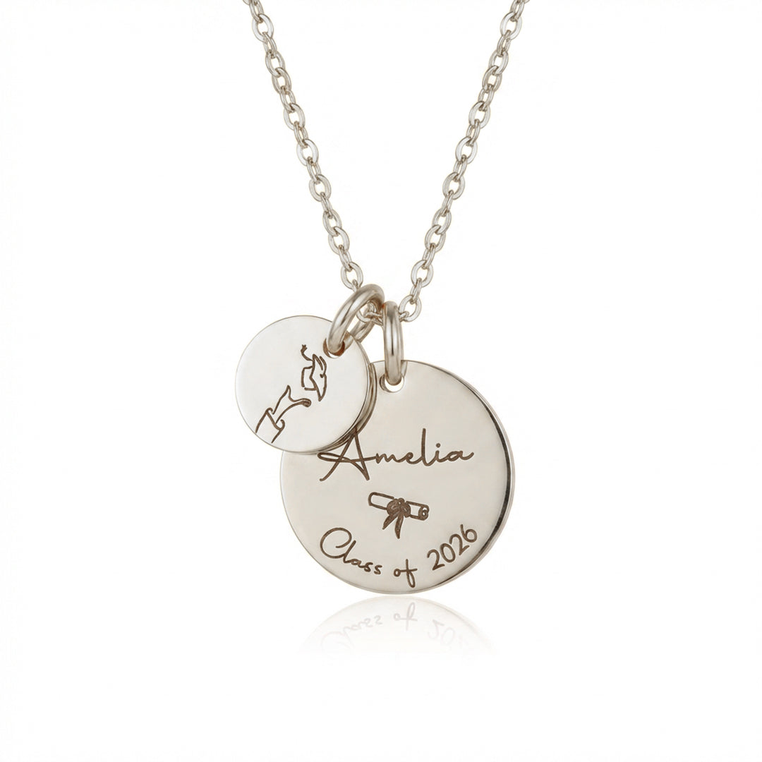 Silver graduation necklace with engraved name and graduation year