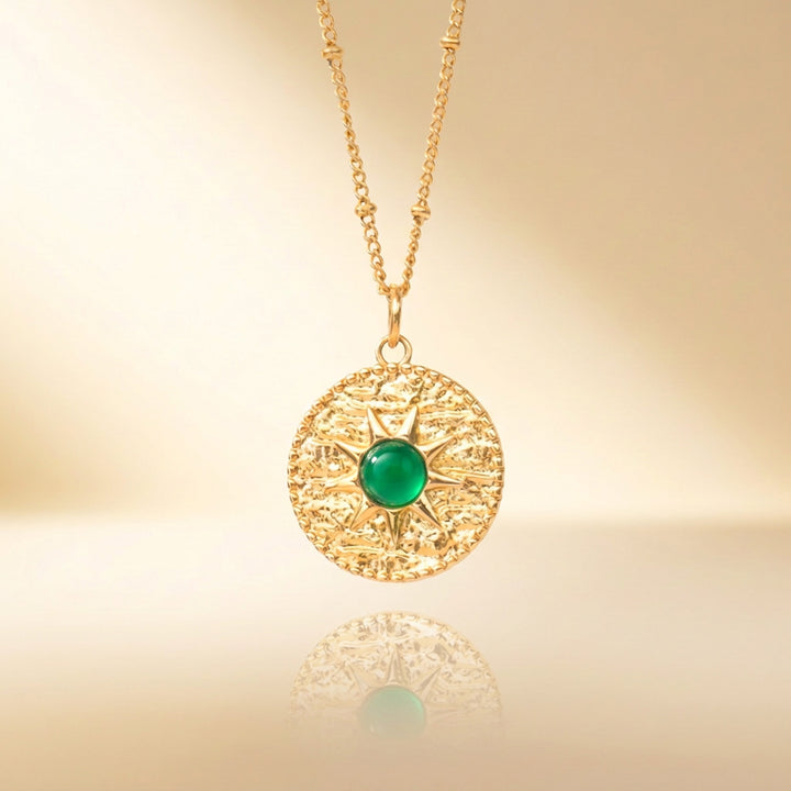 Gold green onyx sun necklace — real green onyx, handmade UK