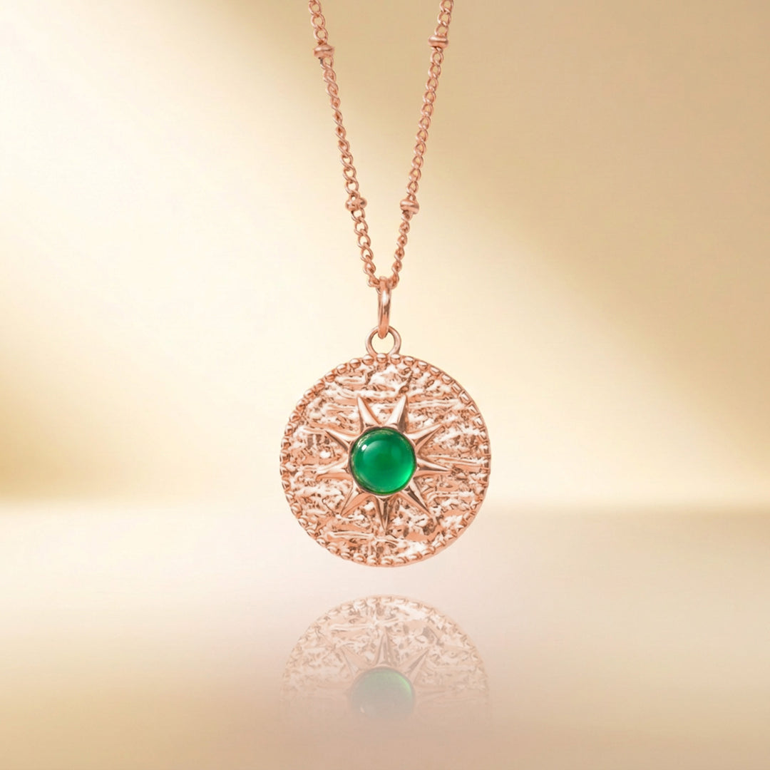 Rose gold green onyx sun necklace — real green onyx, handmade UK