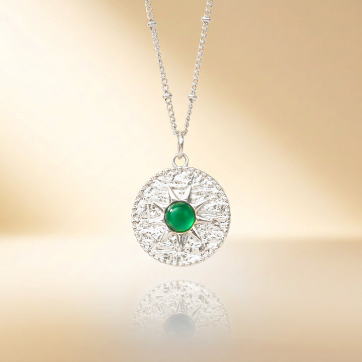 Silver green onyx sun necklace — real green onyx, handmade UK