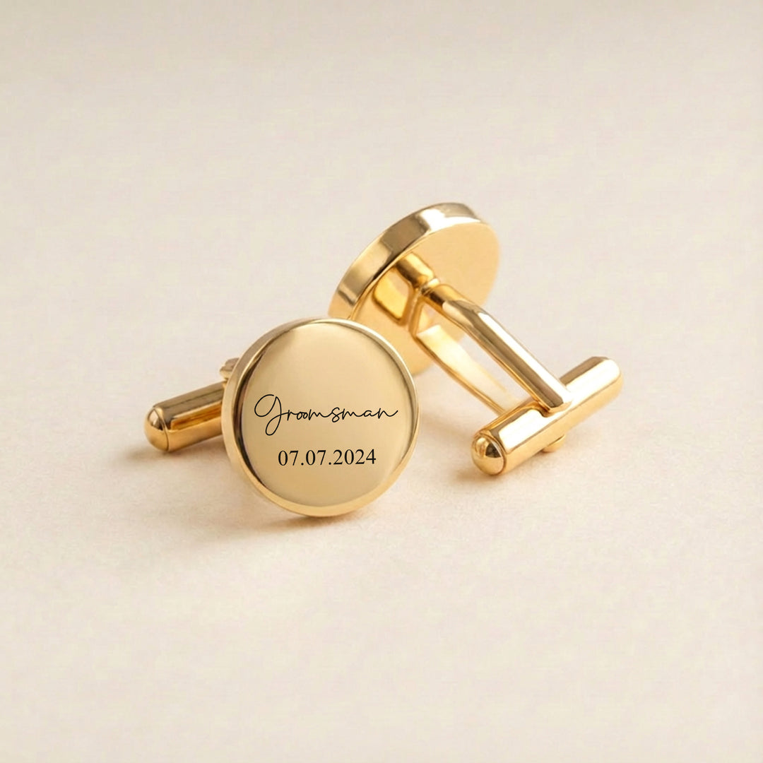 gold groomsmen cufflinks with engraved name and date