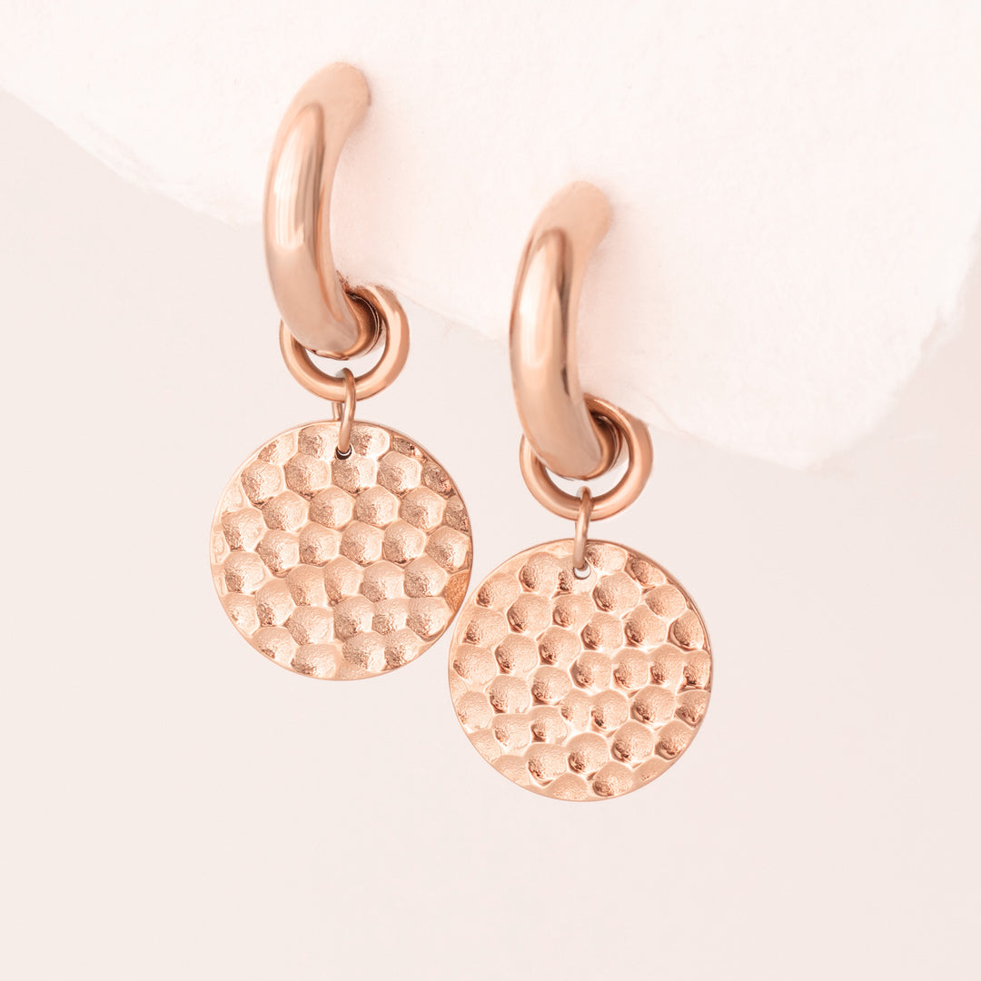 Hammered Disc Rose Gold Hoop Earrings