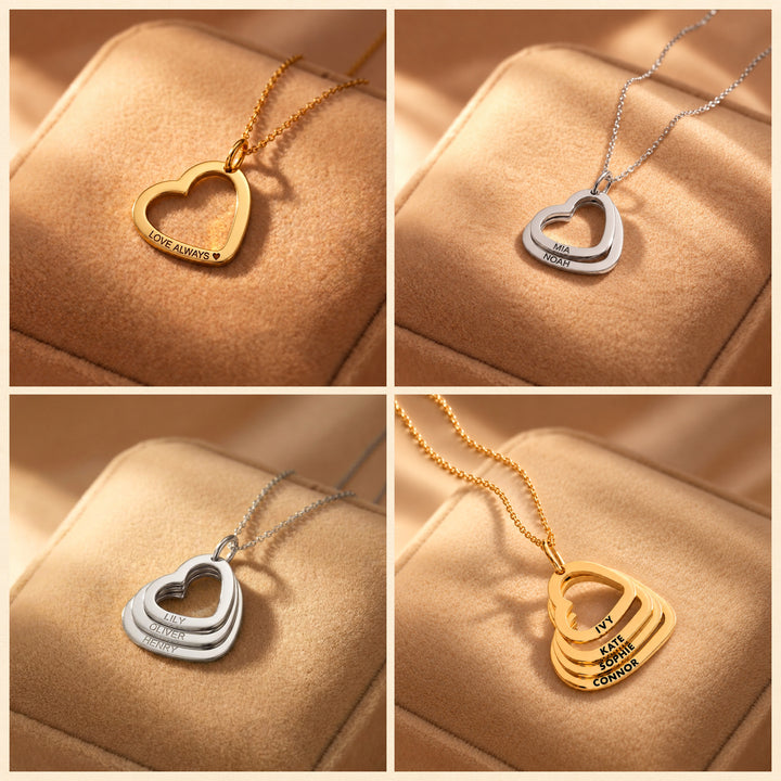 Family heart necklace in gold and silver with one to four engraved hearts
