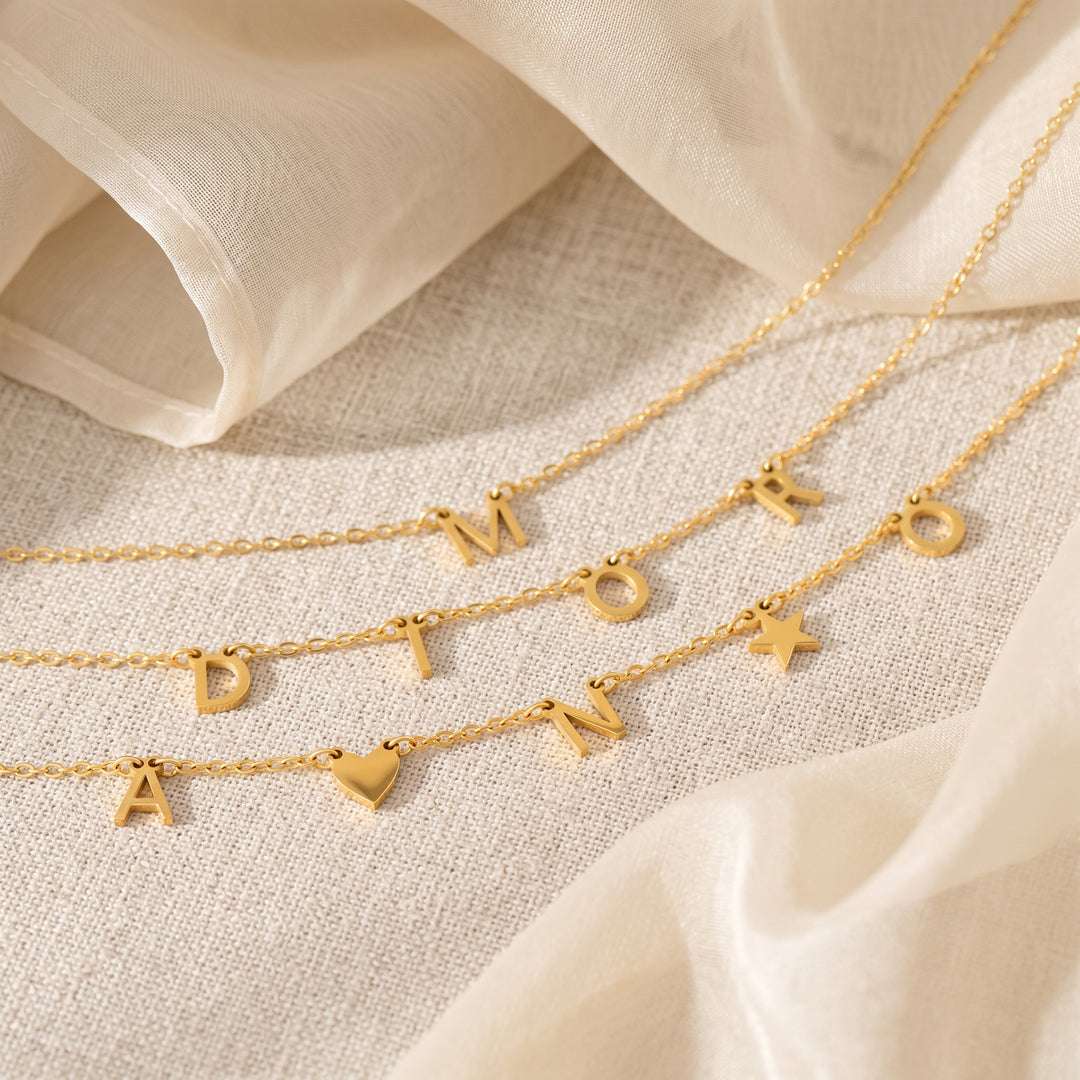 Dainty initial necklace — Gold single and multiple hanging letters