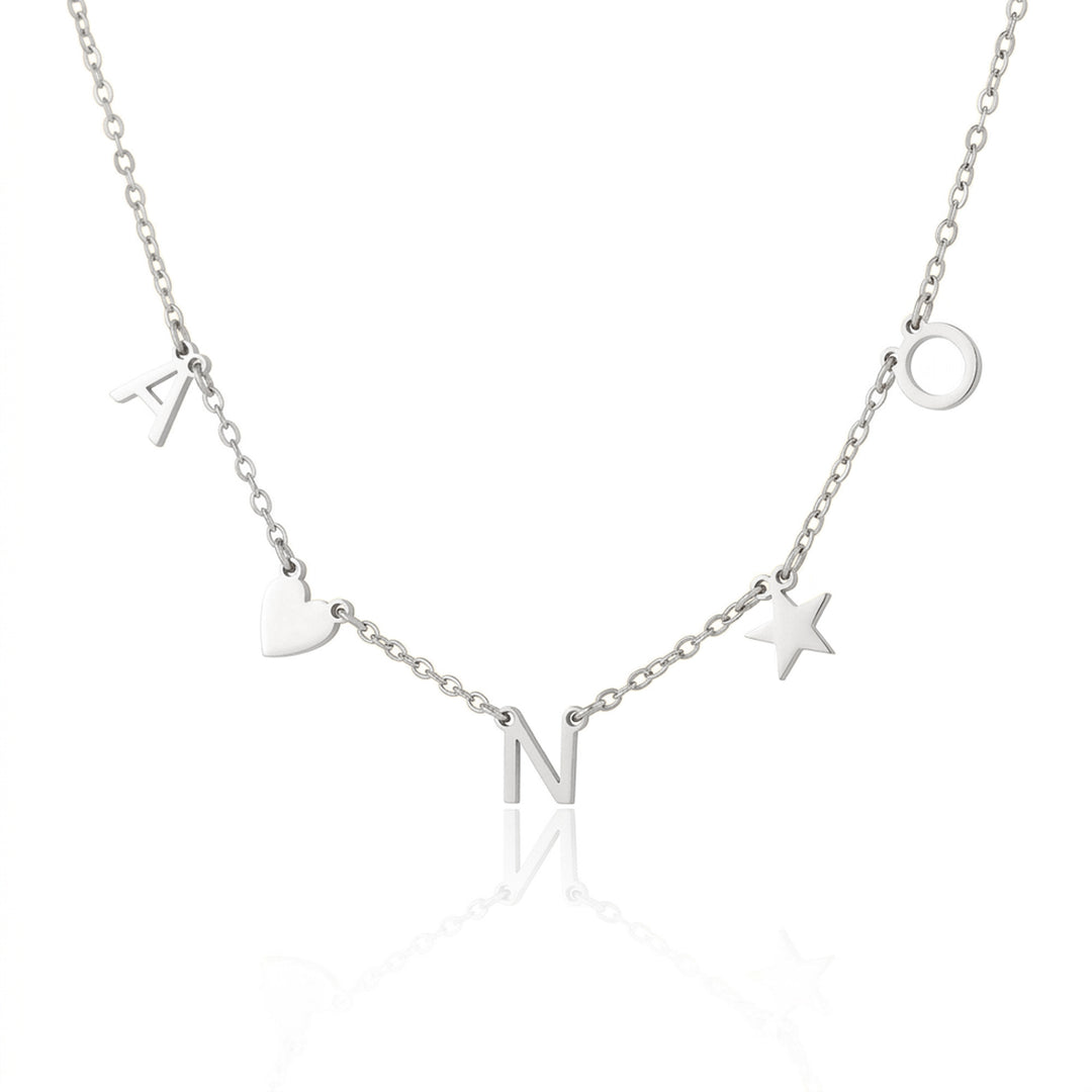 Silver Initials and Heart Charm Necklace with multiple hanging letters