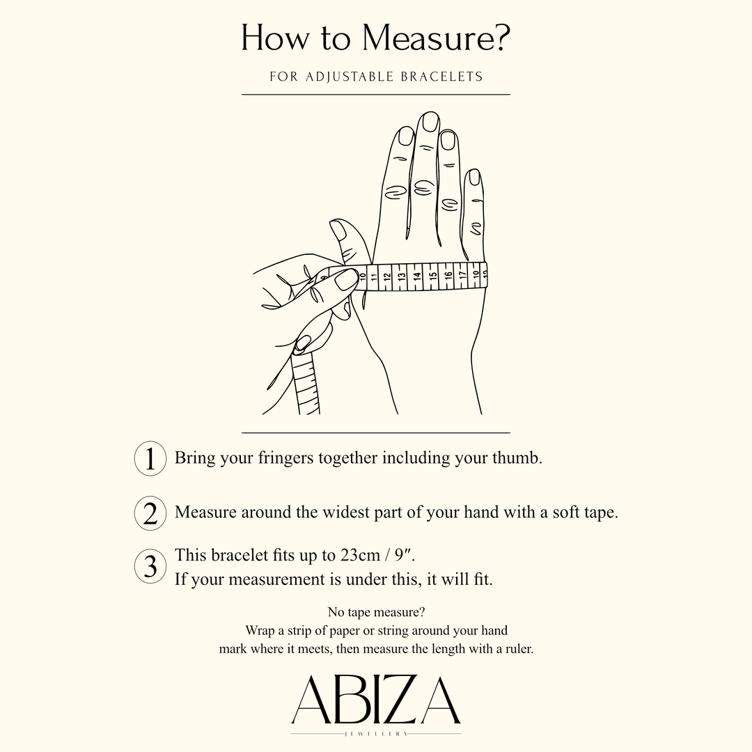 Bracelet sizing guide — adjustable slider chain fits hands up to 23cm / 9" at the widest point