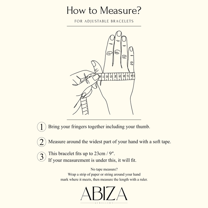 Bracelet sizing guide — adjustable slider chain fits hands up to 23cm / 9" at the widest point
