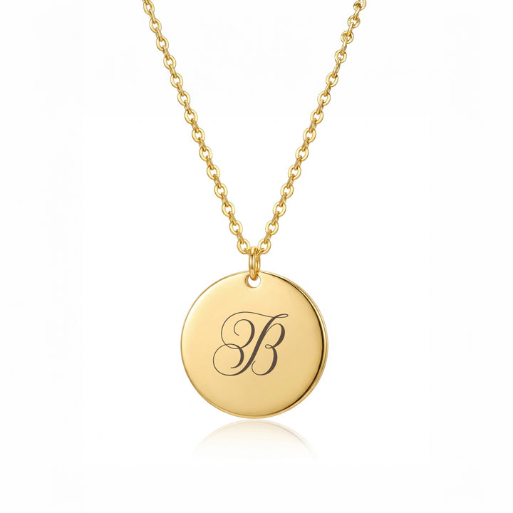 Personalised initial disc necklace in 18K gold with engraved script letter B