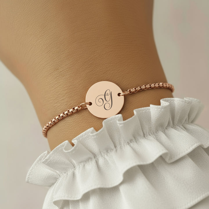 Rose gold personalised initial bracelet with engraved script letter G