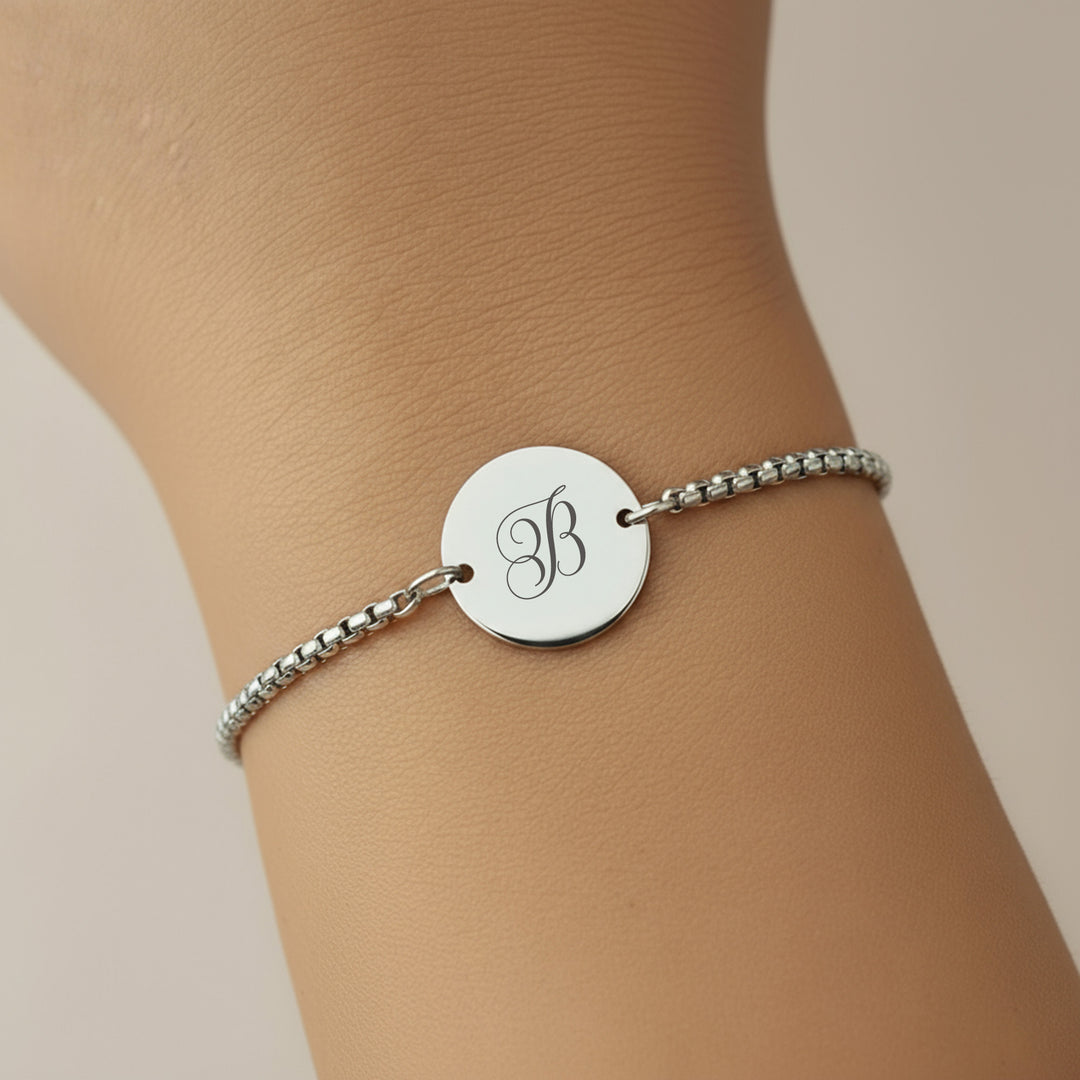 Silver personalised initial bracelet with engraved script letter B