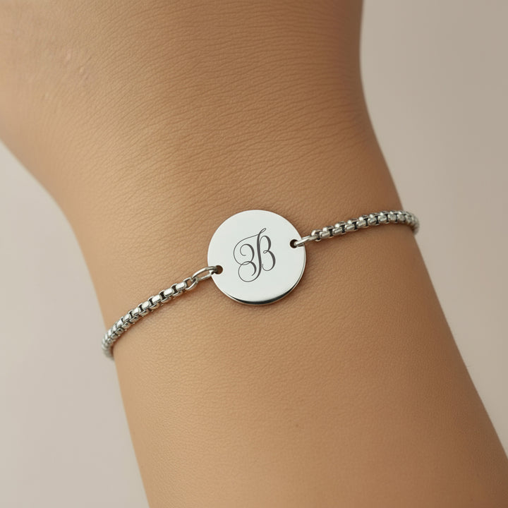Silver personalised initial bracelet with engraved script letter B